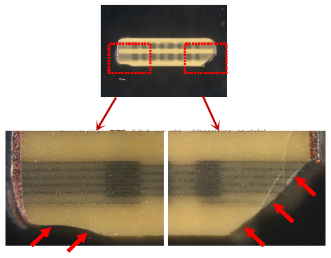 從破裂的現(xiàn)象與電容廠商切片的照片看來，破裂的痕跡從端接處以斜角裂開，電容零件的確像是機械外應(yīng)力所造成的破裂。