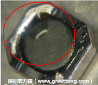 使用錫(Sn)鍍層的電源電感器(Power Inductors)，經(jīng)過推力測試后，其焊點還保留在零件的端點上，所以推力比較高。