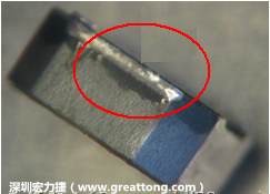 使用錫(Sn)鍍層的電源電感器(Power Inductors)，經(jīng)過推力測試后，其焊點還保留在零件的端點上，所以推力比較高。