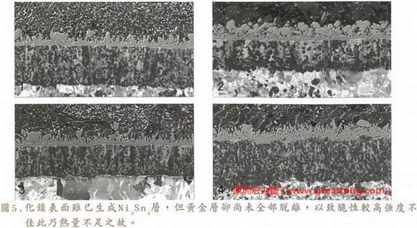 下面四圖顯示，當焊接的熱量不足或未持續(xù)時，雖然Ni3Sn4的薄薄IMC層已經(jīng)生成而焊牢，但也會因為AuSn及AuSn2還未來得及逸走，而停留在共金介面附近，當有外力拉扯的時候，就很容易斷裂開來。這就是為何ENIG的焊點強度，始終不如銅面焊點(Cu6Sn5)來得更為牢固的主因之一。