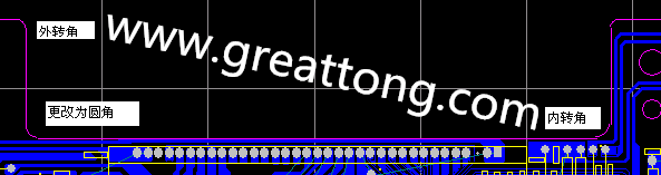 PCB設(shè)計(jì)時(shí)單面板的轉(zhuǎn)角都需為圓角，R1.0mm或R2.0mm為宜。