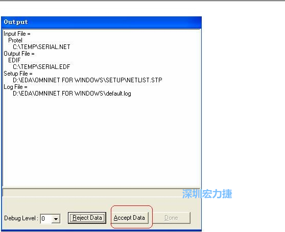 系統(tǒng)彈出一個(gè)輸出窗口，點(diǎn)擊 Accept Data。完成后點(diǎn)擊“確定”，再點(diǎn)擊“Done”關(guān)閉輸出窗口。退出 Omninet for Windows。