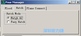點擊工具欄File→Tools→Pour Manager調(diào)出下圖的覆銅菜單選擇Hatch，Hatch Mode則選Hatch All，按Start進(jìn)行覆銅