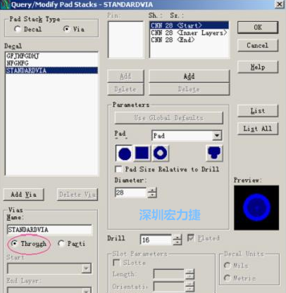 分析文件完成后，點擊菜單Setup→Pad Stacks調(diào)出焊盤堆設(shè)置窗口，將Pad Stack Type改為Via