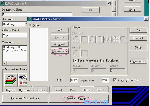 當(dāng)Gerber和鉆孔都設(shè)置完后，選擇一貼片元件較多的層（一般為Top層），點(diǎn)擊Device SetupPhoto，將 Plotter Setup窗口D-Code欄原有的D碼刪除并按Regenerate重新生成
