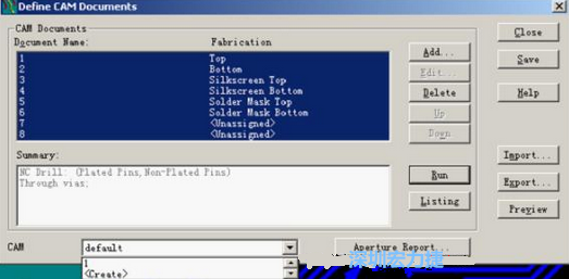 回到Dsfine CAM Documents窗口 ，將所有須輸出的文件用鼠標(biāo)拉住選擇，按Run輸出，默認(rèn)輸出路徑是安裝目錄的\CAM\default，也可按CAM的Create更改