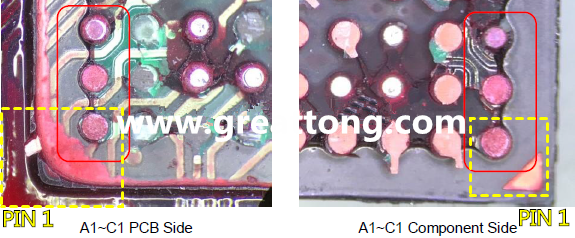 PIN-1的位置很重要，不知道Pin-1在哪里？那你怎么知道斷裂錫球在PCB的位置，如何判斷可能的應(yīng)力(Stress) 影響。一般在PCB的絲印層(白漆)上面一定會(huì)標(biāo)示零件的PIN-1位置，有的未打一個(gè)圓點(diǎn)，有的會(huì)畫(huà)三角形，但這張照片在PCB的PIN-1被紅墨水遮住了，如果可以的話(huà)建議那一塊沒(méi)有紅墨水的板子對(duì)照一下。