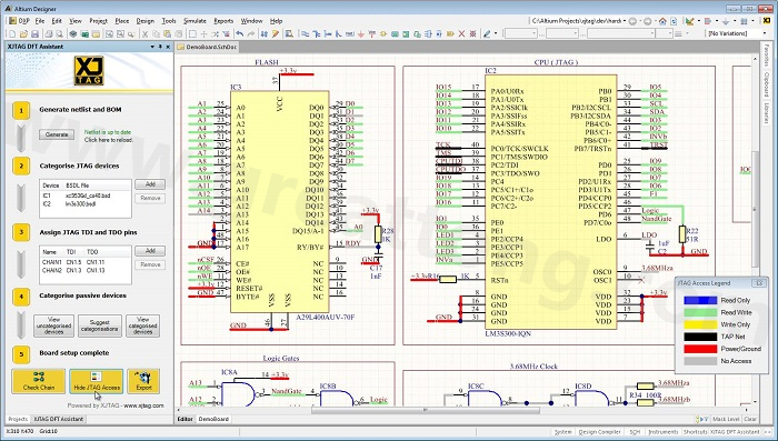 XJTAG DFT Assistant的Access Viewer模式可以清楚地顯示可用的測試存取層級，讓電路板設(shè)計人員在展開PCB布局以前的原理圖擷取階段盡可能地提高測試存取能力