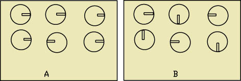 所有徑向電容的負極朝向一邊可很容易發(fā)現(xiàn)錯誤(A)，反之則較為困難(B)