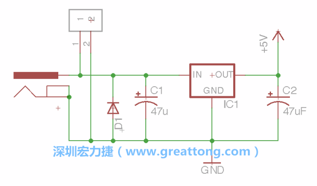 2.5.    新增一個二極體，它會以水平的狀態(tài)出現(xiàn)在屏幕上，請使用「旋轉(zhuǎn)（Rotate）」工具把它負極那一面朝上，并且用「網(wǎng)絡(luò)連接」工具將它連接在電壓調(diào)整器的輸入端和接地端之間。
