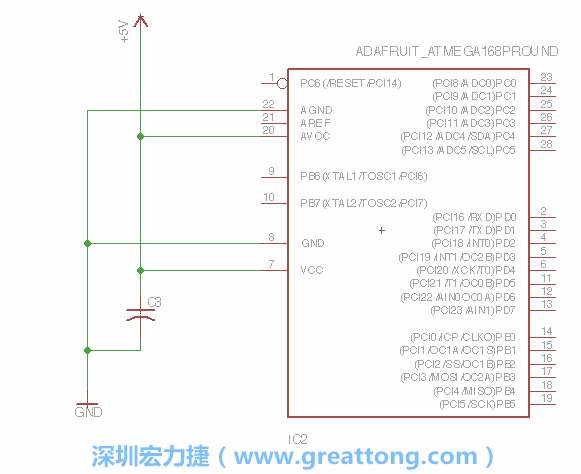 3.1.    新增微控制器晶片（RBBB → ATmega），把它放在電路原理圖的中央附近，把它的兩個接地接頭連接到接地訊號端。