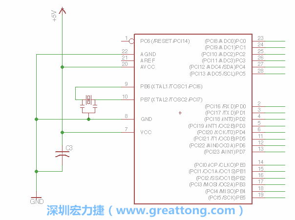 3.2.    在靠近ATmega的電源供應(yīng)針腳7的位置放置一個0.1μF的電容，將它分別連接電源、接地端和針腳7。
