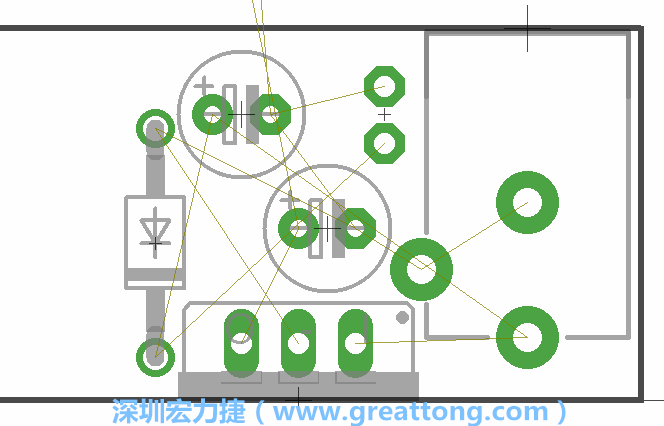 如同第一篇的步驟，我們將從電源迴路開(kāi)始著手，移動(dòng)電源插座（Power Jack）、電壓調(diào)整器、二極體、兩個(gè)電容和輔助接頭JP1到如上圖所示的位置。