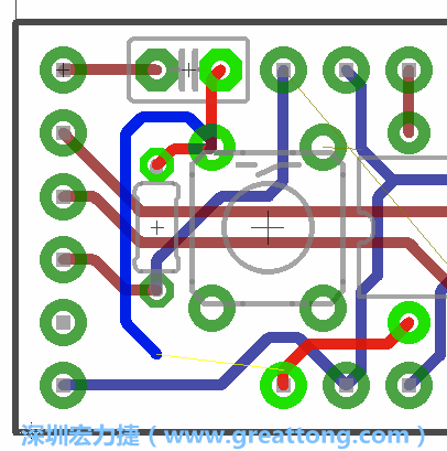 要在電路板正面進(jìn)行+5V信號(hào)線連結(jié)和其他連結(jié)點(diǎn)的布線工作是非常容易的，而重置信號(hào)線（信號(hào)線用來(lái)連結(jié)電路板正面左邊的重置開(kāi)關(guān)）需要經(jīng)過(guò)一個(gè)可以通過(guò)電路板正反兩面的電路通道，這個(gè)通道是一個(gè)可以讓電路板正反兩面線路連接的一個(gè)小孔。
