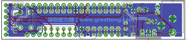 第二篇文章則帶領(lǐng)你進(jìn)行電路板上的布線、連結(jié)點(diǎn)的配置，并利用「設(shè)計(jì)規(guī)則檢查（Design Rule Check）」測(cè)試你的設(shè)計(jì)，第二篇文章的電路板設(shè)計(jì)圖將如下所示：