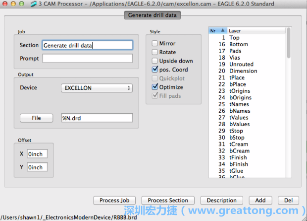 打開「excellon.cam」的工作項(xiàng)目并建立drill文件（副檔名為「.dri」和「.drd」），之后你只會(huì)用到「.drd」的文件檔；「.dri」的文件只是解釋用資料（所謂后設(shè)資料）而已。