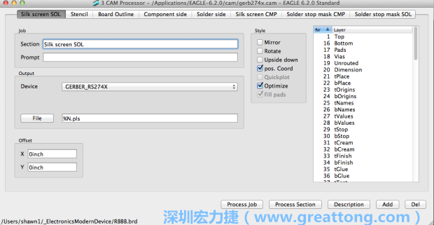 假如你有匯入點(diǎn)陣圖圖層（抑或是有某個(gè)圖層是你不想要它們出現(xiàn)在絲印上的），請(qǐng)?jiān)俅未_認(rèn)標(biāo)簽列下面被指定的圖層都是正確無(wú)誤的。