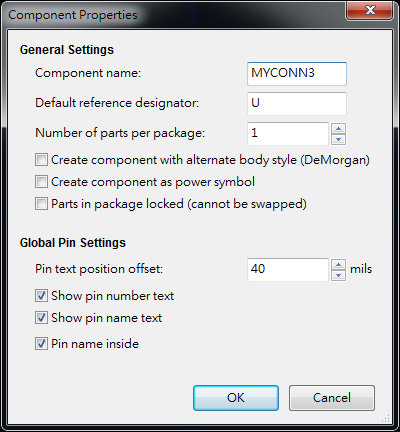按下工具  "Create a new component"， 出現(xiàn)底下畫(huà)面， 按下OK后， 產(chǎn)生MYCONN3/U? 文字重迭在一在， 把它們分開(kāi)(用mouse選擇并按下"M"， 即可移動(dòng))