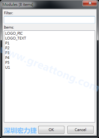 從目前正在編輯的PCB載入Module， 會顯示有那些項目可載入。點選一個， OK后即完成載入