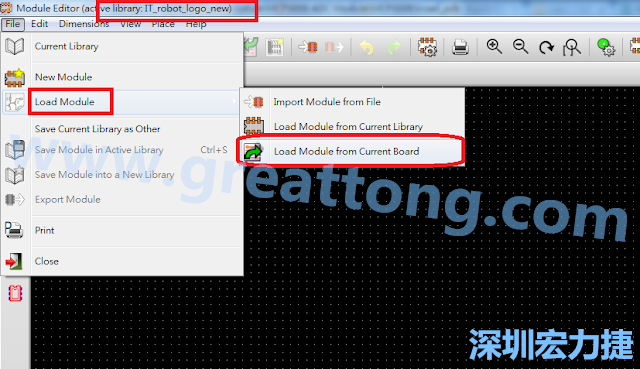 進入Module Editor去載入其他Footprint(Module)進來， 從目前的Active library (不過要先選取一個Current library ) 載入Module 或從目前正在編輯的PCB載入Module。