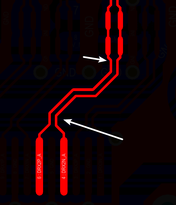 相應(yīng)的要對(duì)差分對(duì)不匹配的情況作出補(bǔ)償，使其線長(zhǎng)匹配，長(zhǎng)度差通?？刂圃?mil以內(nèi)