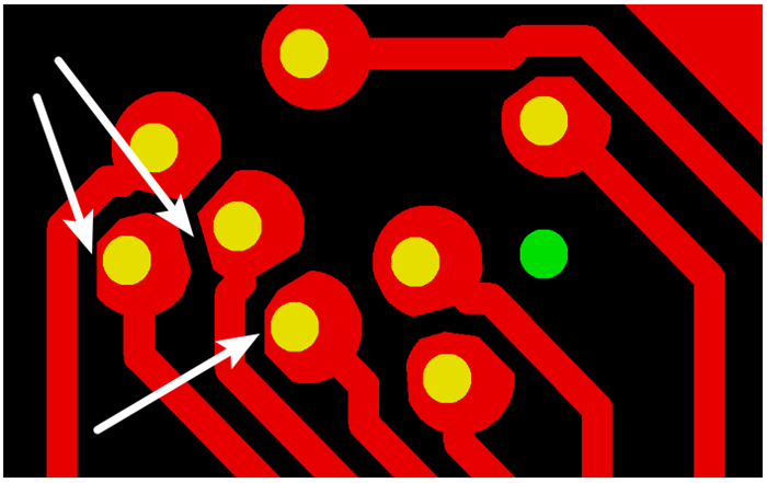按源文件文件數(shù)據(jù)計算，孔邊緣到線邊緣6mil，孔環(huán)4mil，環(huán)到線只有2mil，保證環(huán)到線之間有3mil的安全間距需削1mil焊環(huán)，削后焊盤只有3mil