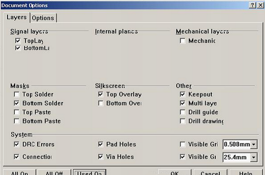 按“L”打開層設置窗口，打開各層圖形進行初步檢查，看文件有無設計上的問題或有無特殊的、在處理文件時需特別留意之處