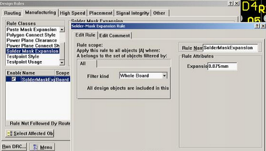 5. 而對于阻焊的調(diào)整則可以通過按D、R調(diào)出[Manufacturing]制作設計規(guī)則的[Solder-Mask Expansion Rule]設置項直接設定單邊放大值