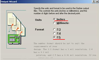 在上圖中選擇“Inches 2：5”，以確保資料精度，反之線寬、線距或孔有偏移現(xiàn)象