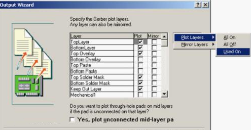 按“Next”，點擊“Menu”將Plot Layers置為Used On，Mirror Layers置為All Off后按“Next”
