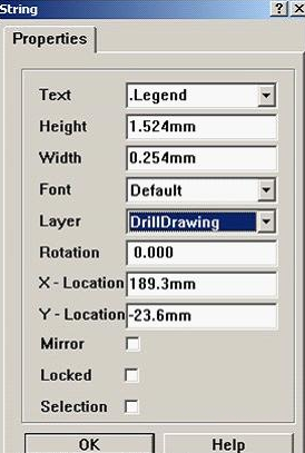 7. 放置分孔圖，按“P、S”在圖形的右下角放置一字符串，并雙擊打開，將Text改為。Legend；Layer改為DrillDrawing即可