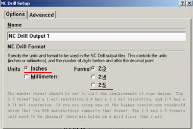 將格式改為“Inches 2：5”（ 以確保資料精度，反之孔與線路有偏移現(xiàn)象；）點OK完成鉆孔文件轉換