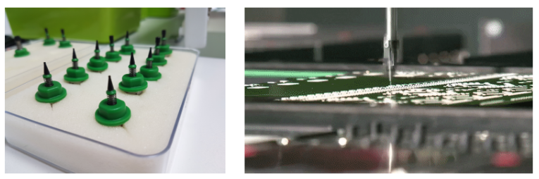 用來吸取零件的小吸盤（左），自動(dòng)機(jī)械臂將零件迅速向下扔（右）